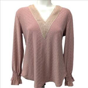 Dusty Pink V-Neck Blouse with Lace Trim